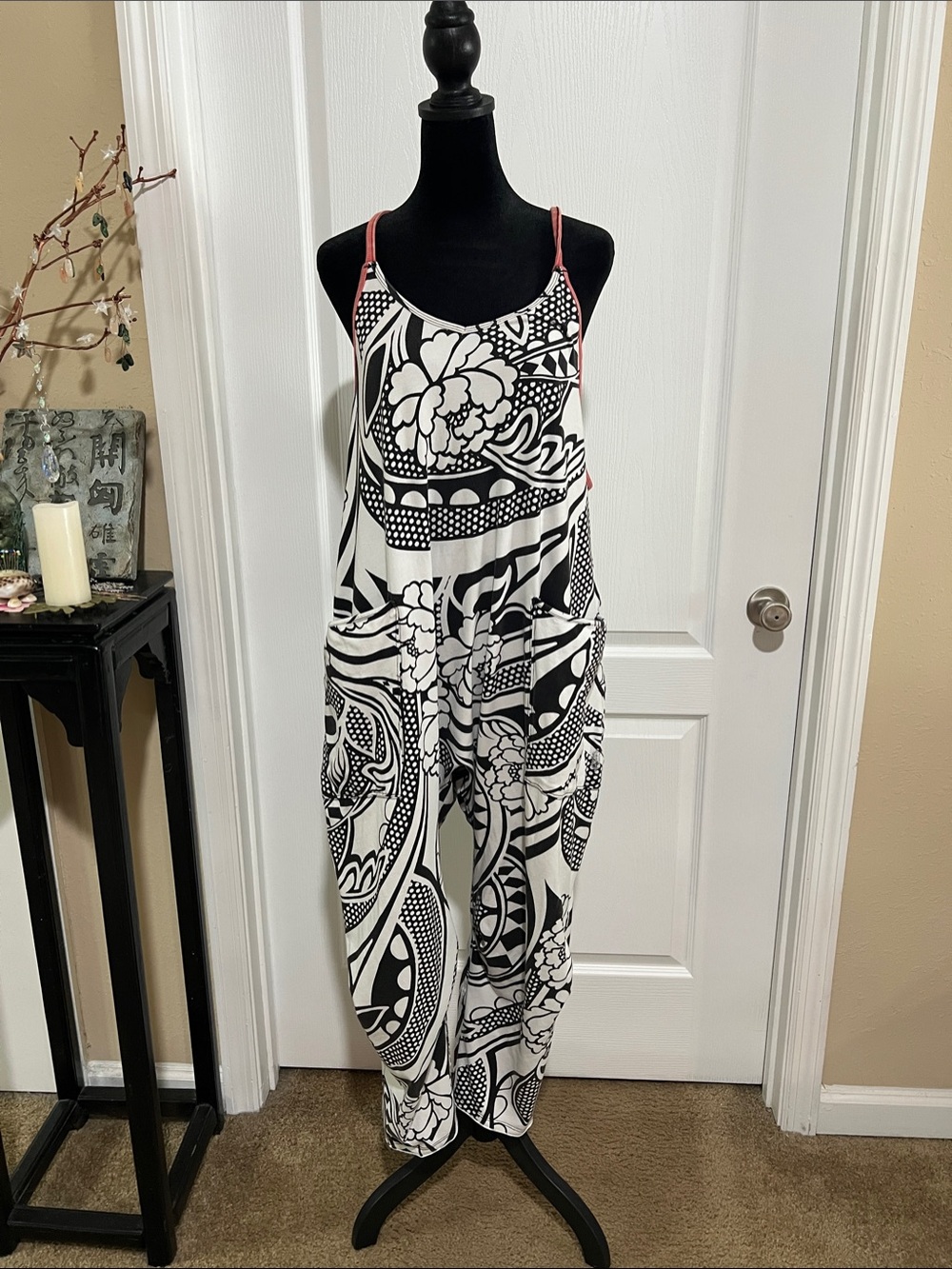 FP Movement by Free People Black & White Graphic Jumpsuit with Pink Straps